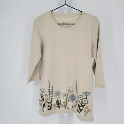 Denim & Company Womens Sz XS Tunic Length Top Beige Floral Embroidered Hem