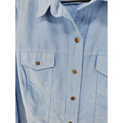 Vintage Womens Sz M Faux Suede Button Up Dress Shirt Powder Blue Western