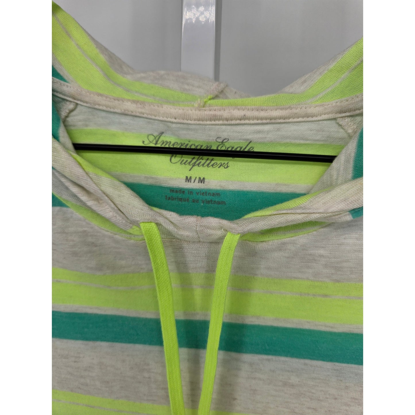 American Eagle Womens Sz M Lightweight Hoodie Neon Green Gray Striped