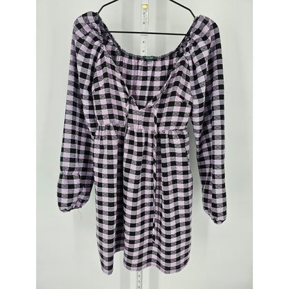 Wild Fable Womens Sz XS Long Sleeve Mini Dress Black Purple Buffalo Plaid