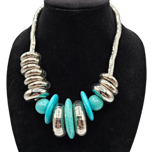 Vintage 1990s Statement Piece Necklace Chunky Beads Silver Teal Turquoise