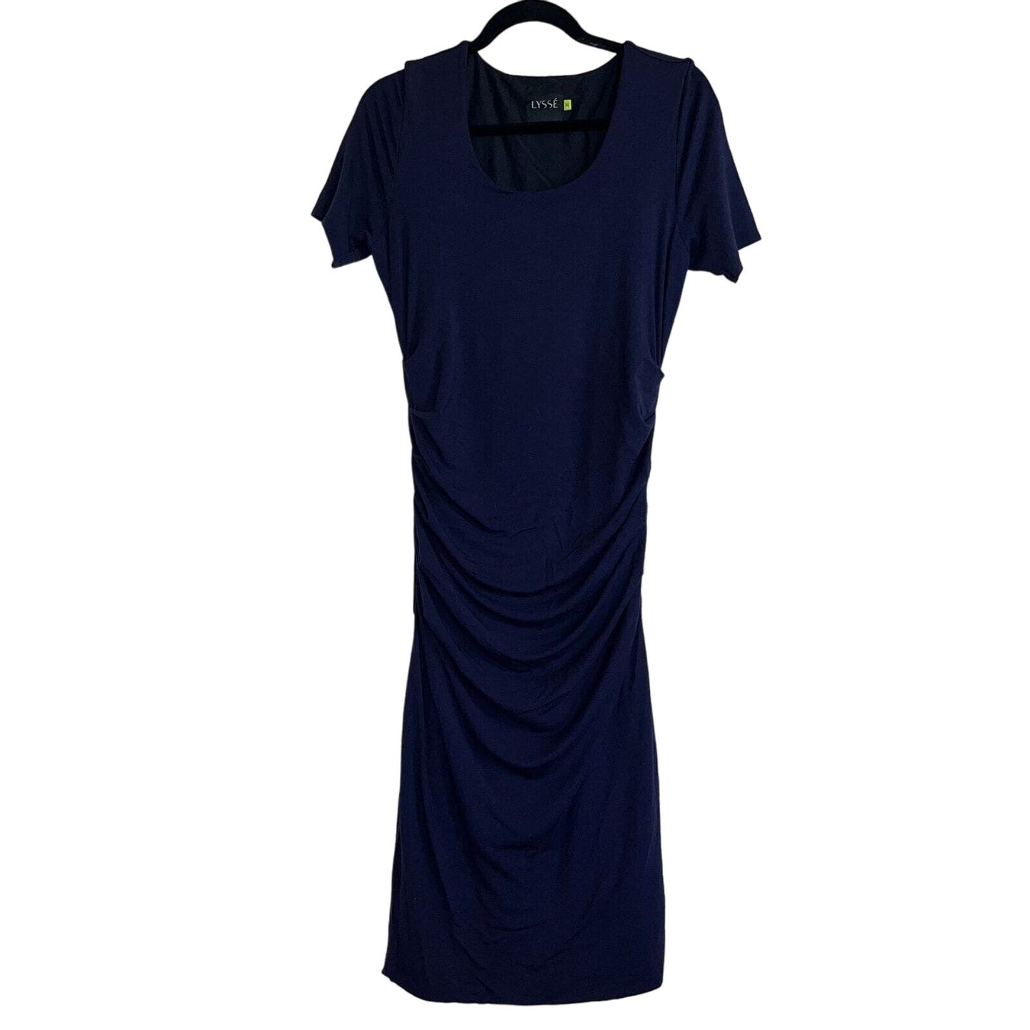 Lysse Womens Sz M Short Sleeve Navy Blue Dress Midi Slimming Career