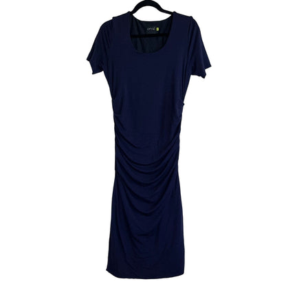 Lysse Womens Sz M Short Sleeve Navy Blue Dress Midi Slimming Career