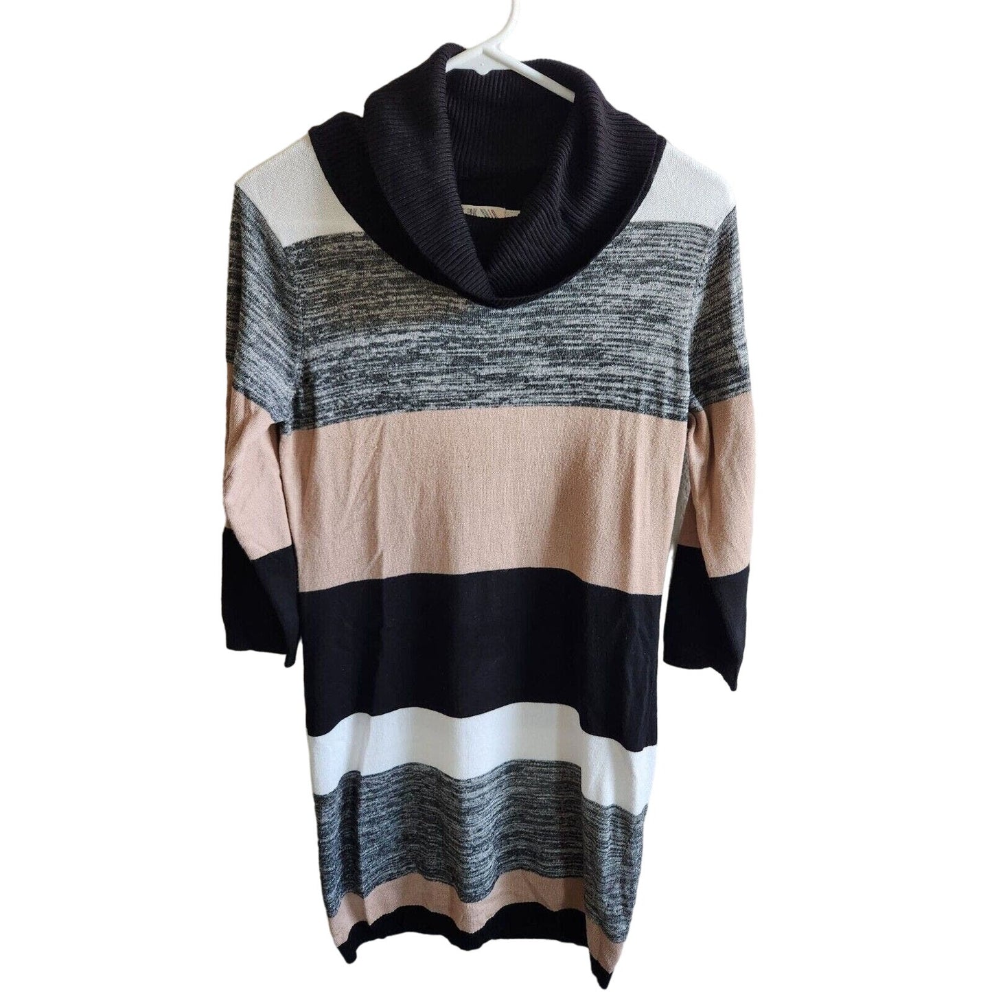 Pink Rose Womens Sz M Tunic Sweater Dress Cowl NEck Striped Pink Gray