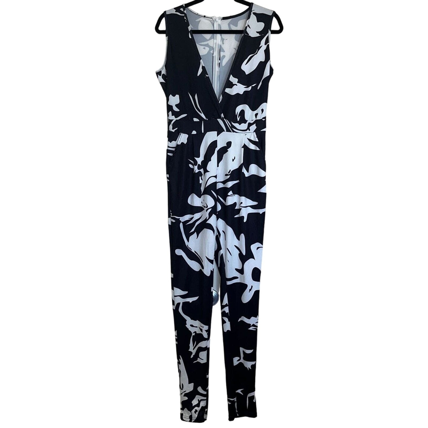 Vintage Womens Sz L Jumpsuit Black and White Abstract V Neck