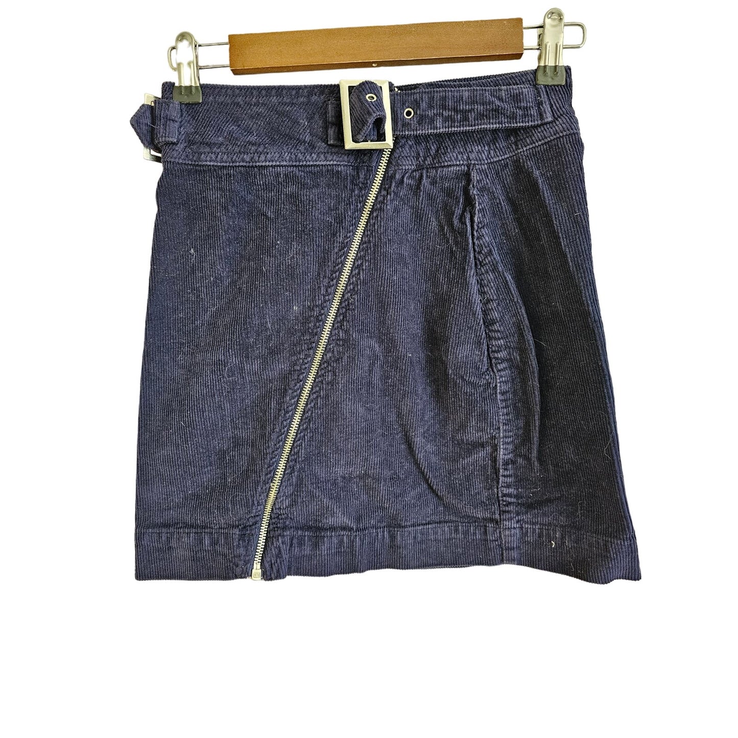 Urban Outfitters Womens Sz S Corduroy Mini Skirt Blue Asymmetrical Zip Belted