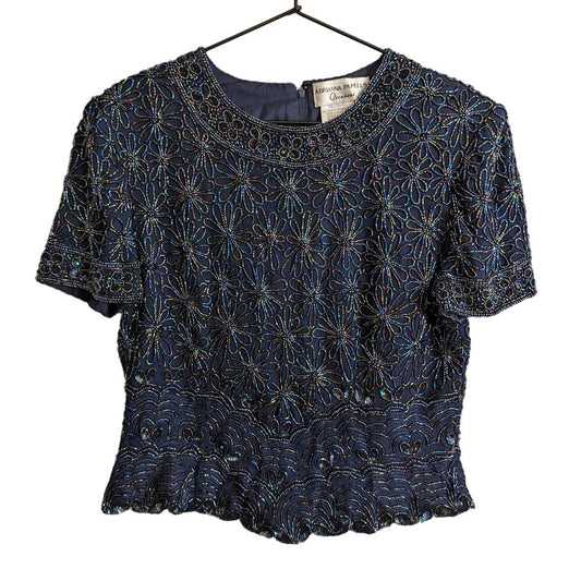 Adrianna Papell Occasions Womens Sz 10 100% Silk Fully Beaded Blouse Navy Blue