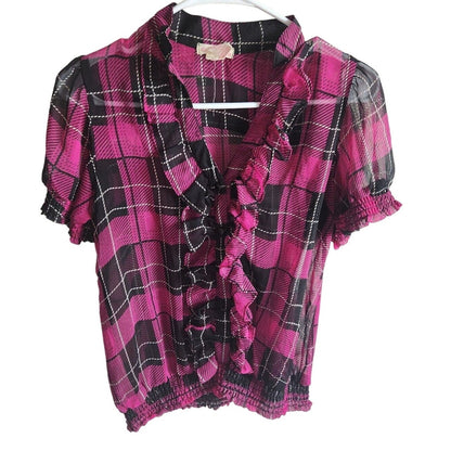 One Clothing Womens Sz M short Sleeve Semi Sheer Blouse Pink Black Plaid