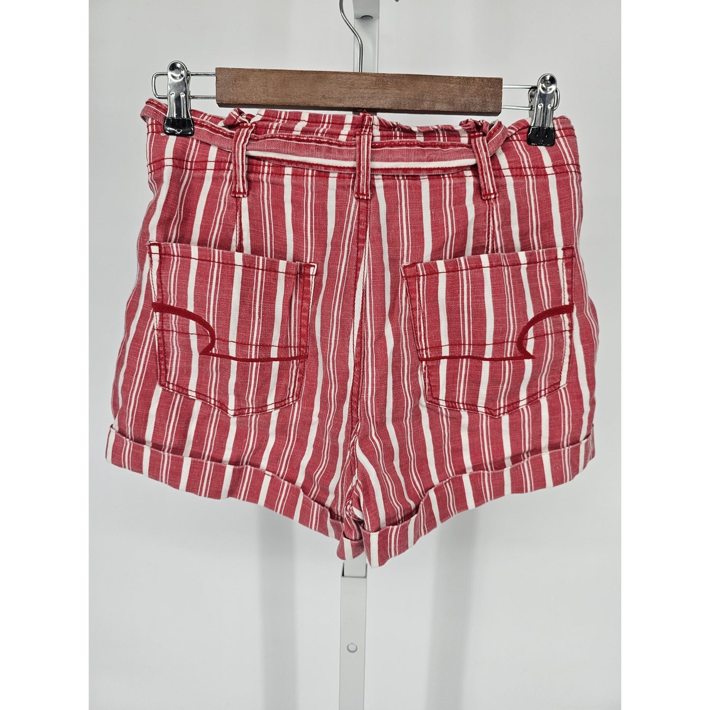 American Eagle Womens Sz 00 High Waist Tie Front Shorts Red White Striped