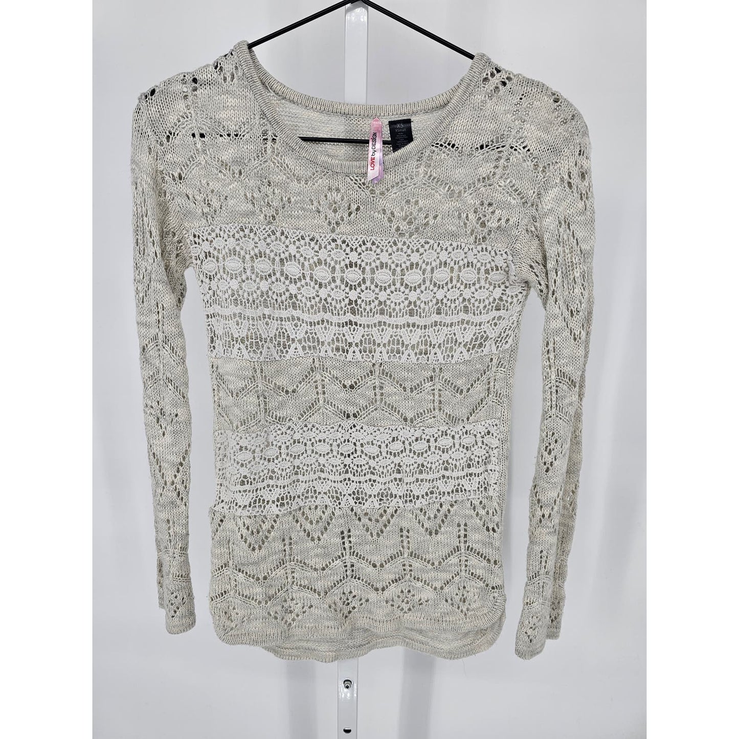 Love by Design Womens Sz XS Long Sleeve Open Knit Sweater Cream Crochet Lace