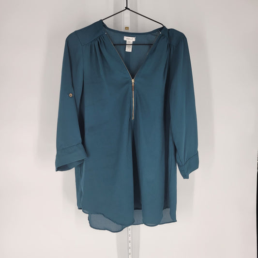 Mirasol Womens Sz M 3/4 Sleeve Dark Teal Blue Blouse Zip Front Flowy