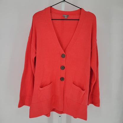 J Jill Womens Sz M Button Up V Neck Cardigan Sweater Knit Coral Pink Cotton