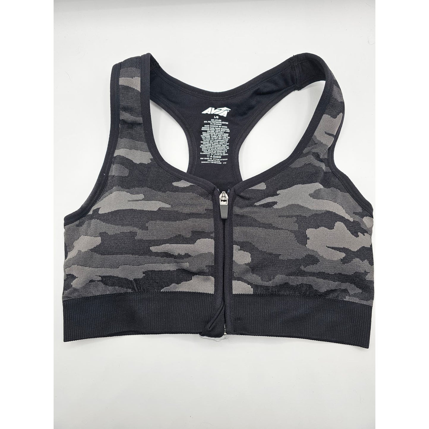 Avia Womens Sz L Lightly Padded Sports Bra Zip Front Camo Camouflage