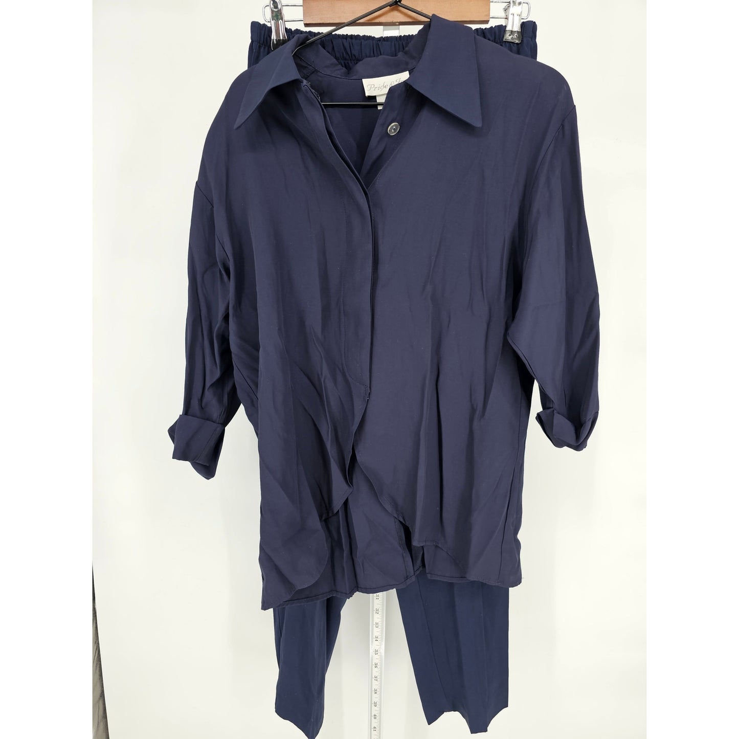 Vintage 1970s Womens Sz 12P Petite Satin Pants and Blouse Set Navy Blue