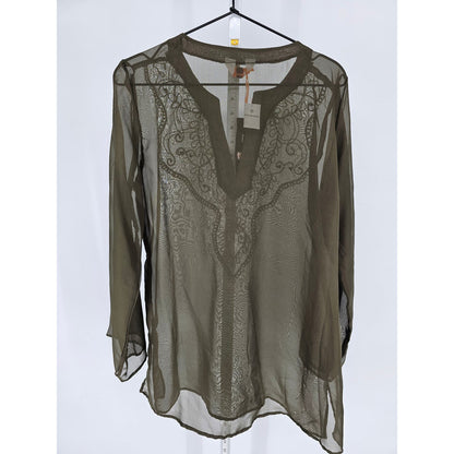 Atmosphere Beach Womens 12 Long Sleeve Swimsuit Coverup Olive Green Embroidered