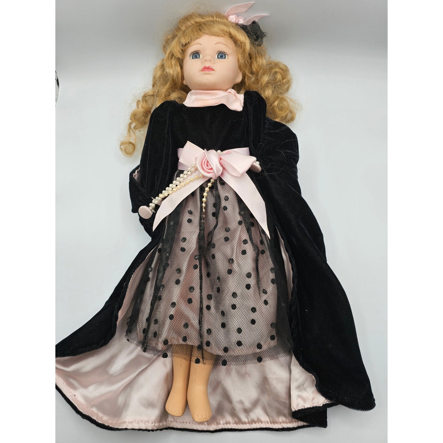 Vintage 1990s Porcelain Doll Curly Blonde Hair Black Velvet Victorian Dress