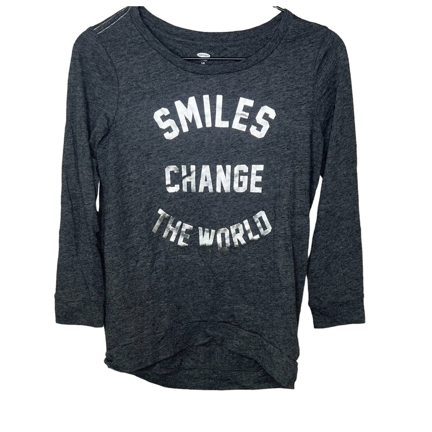 Old Navy Girls Sz L Long Sleeve T Shirt Smiles Change the World Gray