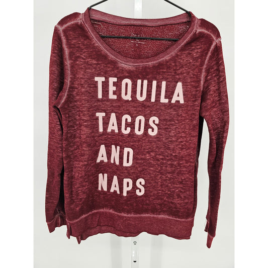 Zoe + Liv Womens Sz S Burnout Sweatshirt Tequila Tacos and Naps Red