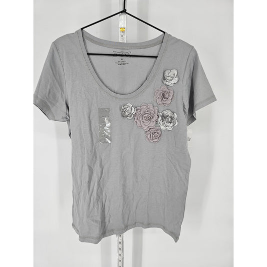 Crystal Kobe Womens Sz M 100% Cotton Short Sleeve Cotton Blouse Silver Gray NEW