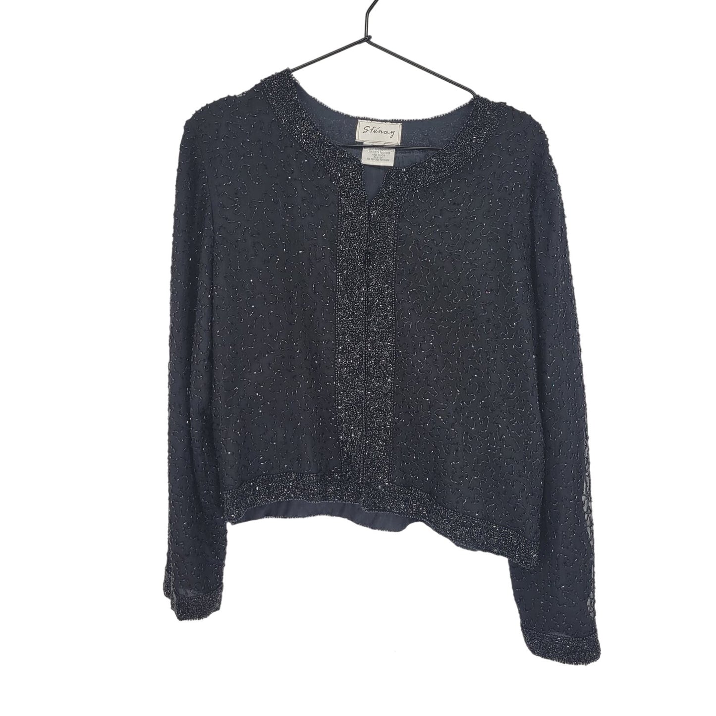 Stenay Womens Sz M 100% Silk Cardigan Sweater Jacket Black Fully Beaded Formal