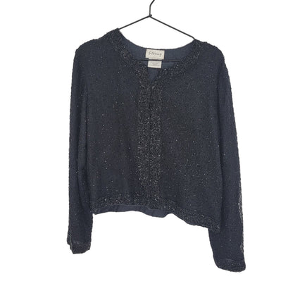 Stenay Womens Sz M 100% Silk Cardigan Sweater Jacket Black Fully Beaded Formal
