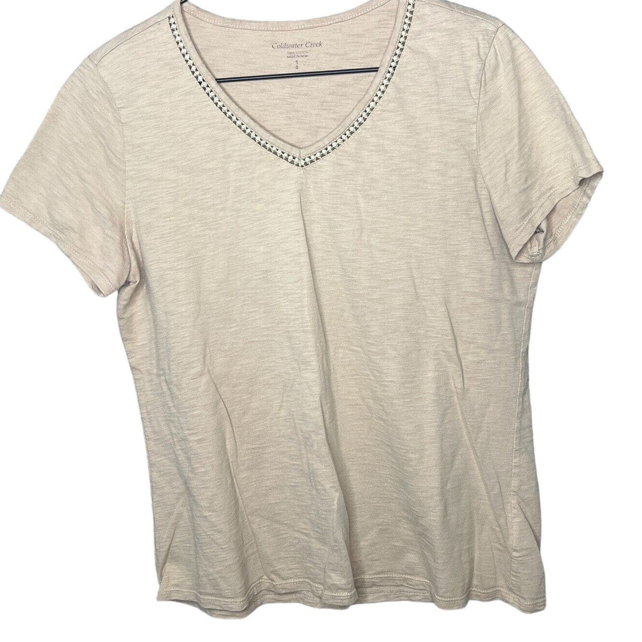 Coldwater Creek Womens Sz S 100% Cotton Short Sleeve V Neck T Shirt Beige Taupe