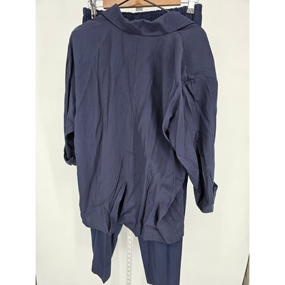 Vintage 1970s Womens Sz 12P Petite Satin Pants and Blouse Set Navy Blue