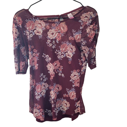 No Boundaries Juniors Sz M Short Sleeve Blouse Dark Red Floral Mesh