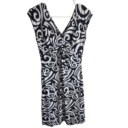 London Style Womens Sz 10 Midi Dress Black White Swirl Print V Neck