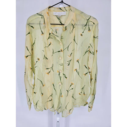 Dorothy Schoelen Platinum Womens Sz M Semi Sheer Button Up Blouse Yellow Floral