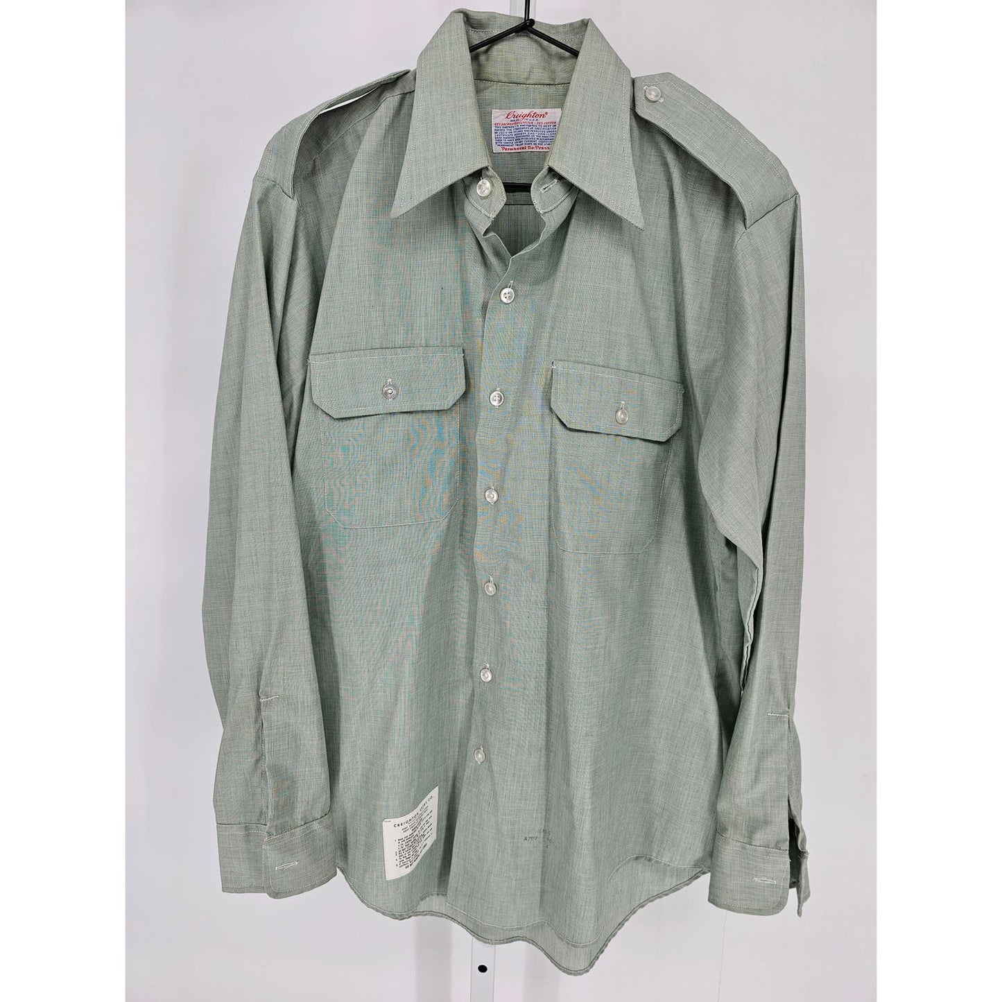 Vintage US Army Mens Sz M Button Up Dress Shirt by Creighton Light Green