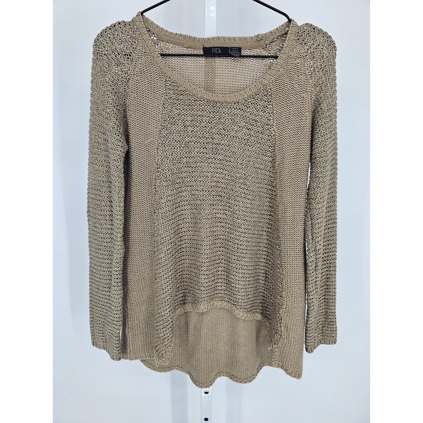 RDI Womens Sz S High Low Hem Slouchy Sweater Beige Open Knit