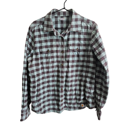 Carhartt Womens Sz M Long Sleeve Button Up Buffalo Plaid Flannel Shirt Green