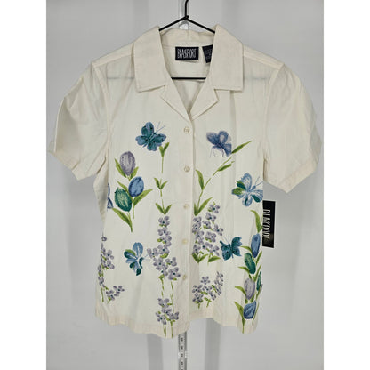 Vintage Blassport Womens Sz M 100% Cotton Button Up Blouse White Floral NEW