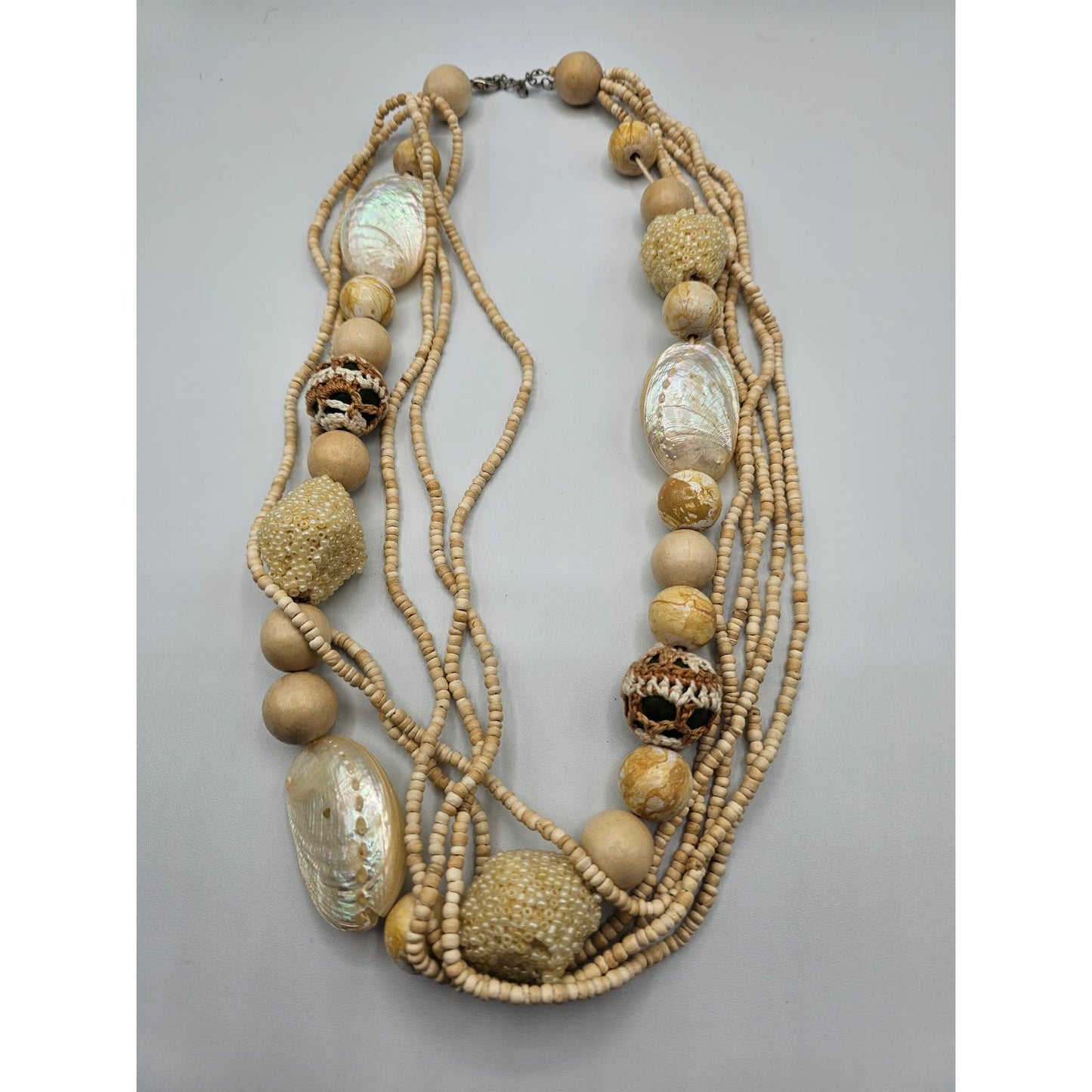 Vintage Mid Century Multi Strand Beaded Necklace Cream Ivory Boho