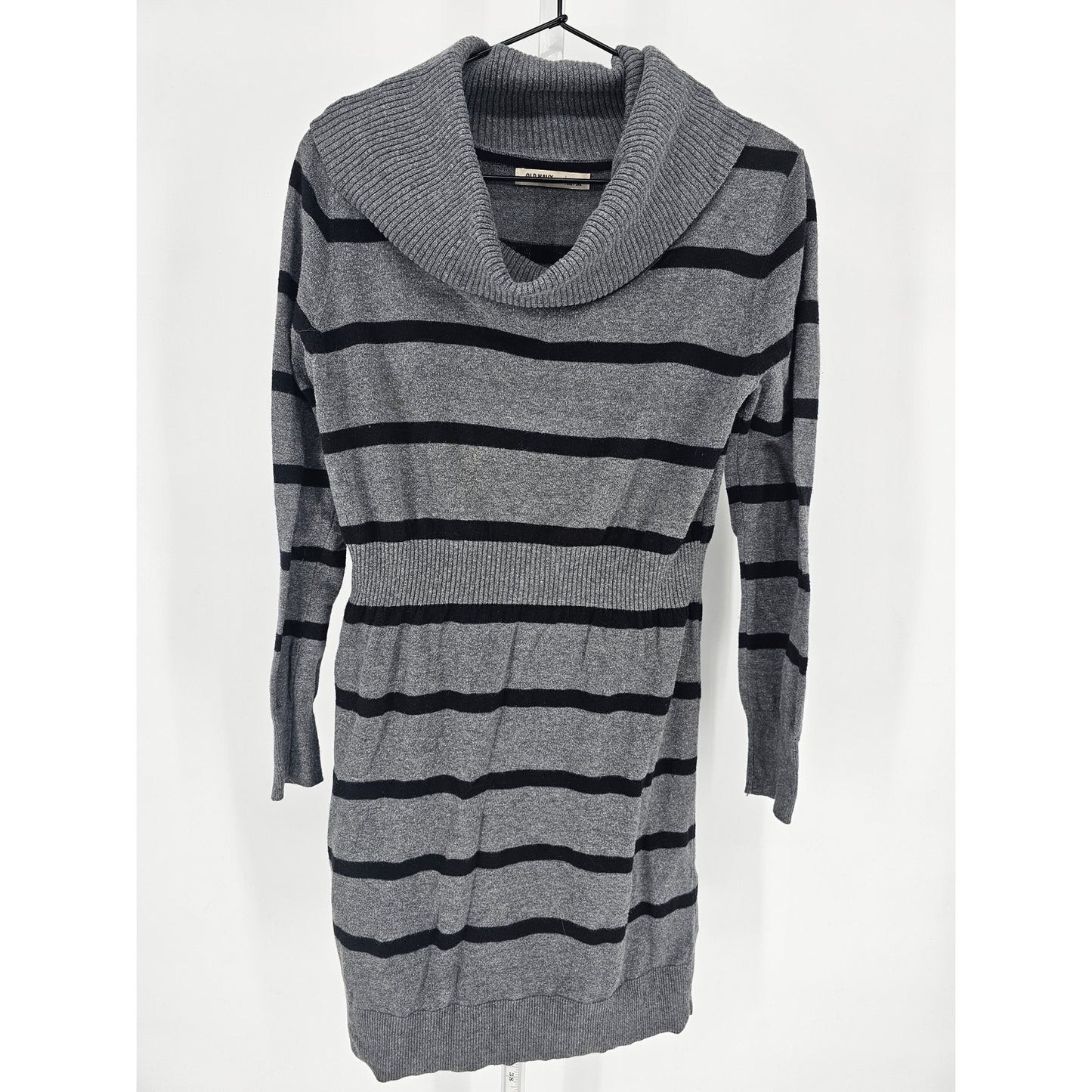 Old navy Womens Sz M Long Sleeve Cowl Neck Sweater Dress Black Gray Striped