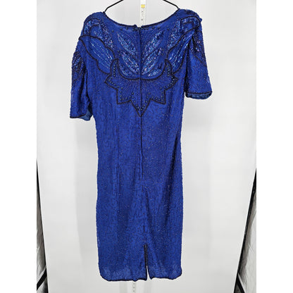 Vintage Womens Sz 14 Midi Length Short Sleeve Formal Dress Fully Beaded Blue