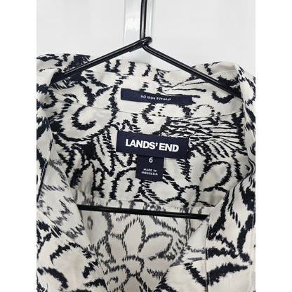 Lands End Womens 6 No Iron Supima Long Sleeve Button Up Top Black White Floral