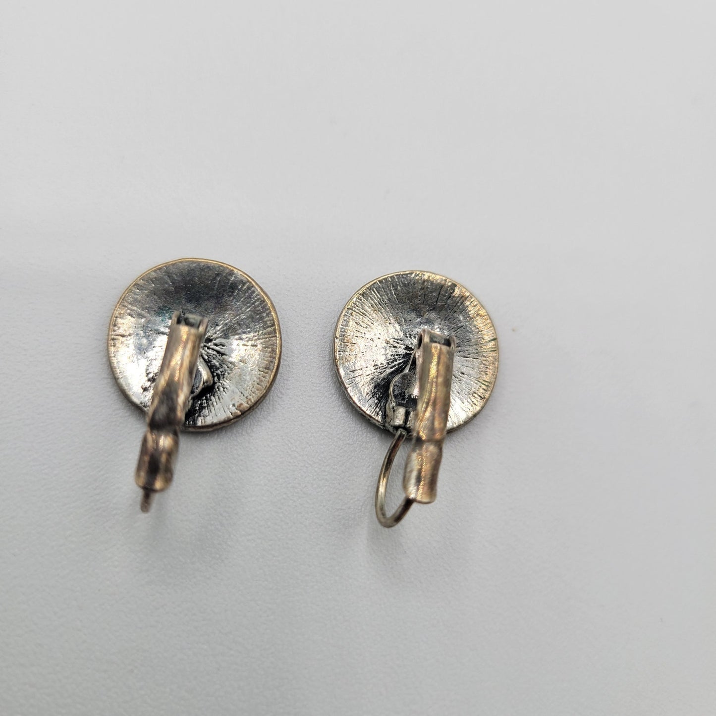 Vintage 1960s Clip On Earrings Silver Tone Disc Front Embossed