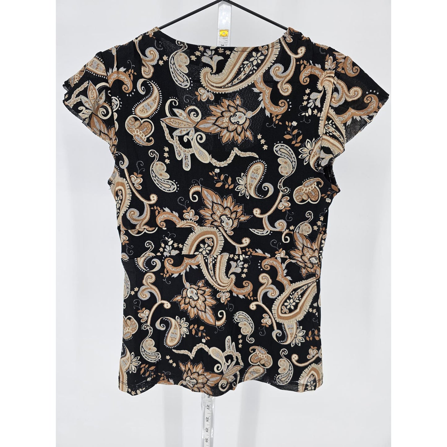 Croft & Barrow Womens Sz S Short Sleeve Blouse Black Gold Paisley Print