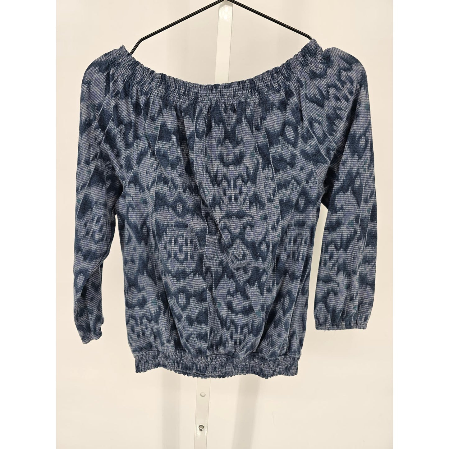 Chaps Denim Womens Sz S 3/4 Sleeve Off Shoulder Blouse Dark Blue Print