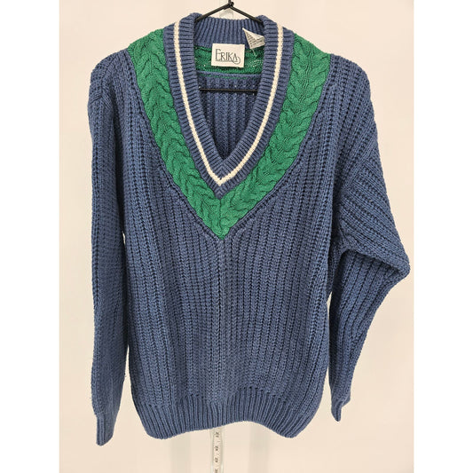 Vintage 1990s Erika Womens Sz L Deep V Neck Preppy Knit Sweater Blue Green