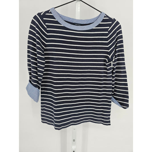 Nautica Womens Sz S Navy Vlue Striped 3/4 Sleeve Top Chambray Trim