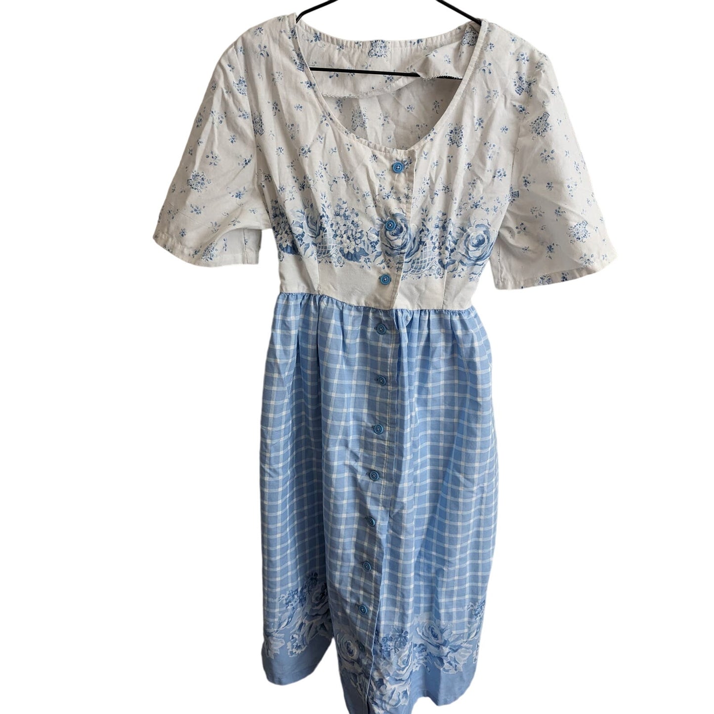 Vintage 1990s Womens Sz M Midi Length Peasant Style Dress Blue White