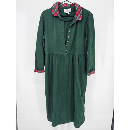 Vintage 1990s Talbots Womens Sz M Long Sleeve Maxi Cotton Dress Green Plaid Trim