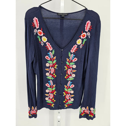 Boston Proper Womens Sz S V Neck Cardigan Sweater Navy Blue Embroidered Floral