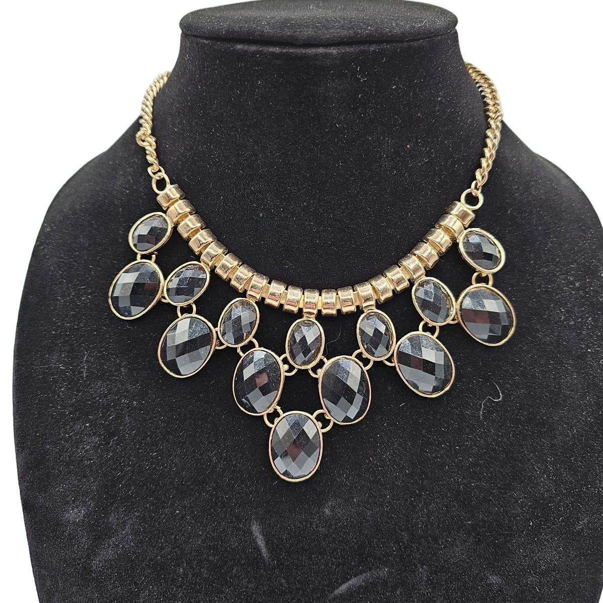 Vintage 1990s Bib Collar Style Necklace Gold Tone Black Rhinestones