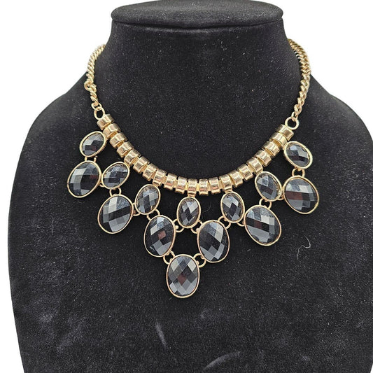 Vintage 1990s Bib Collar Style Necklace Gold Tone Black Rhinestones