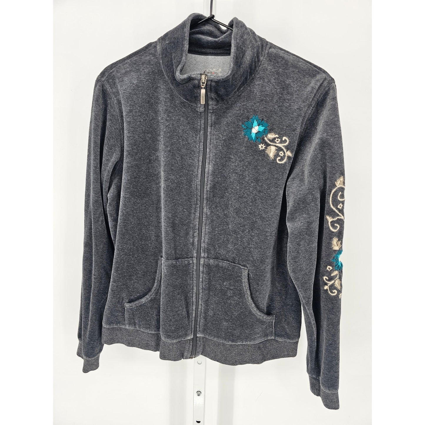 Style & Co Womens Sz L Zip Up Velour Track Jacket Gray Floral Embroidered