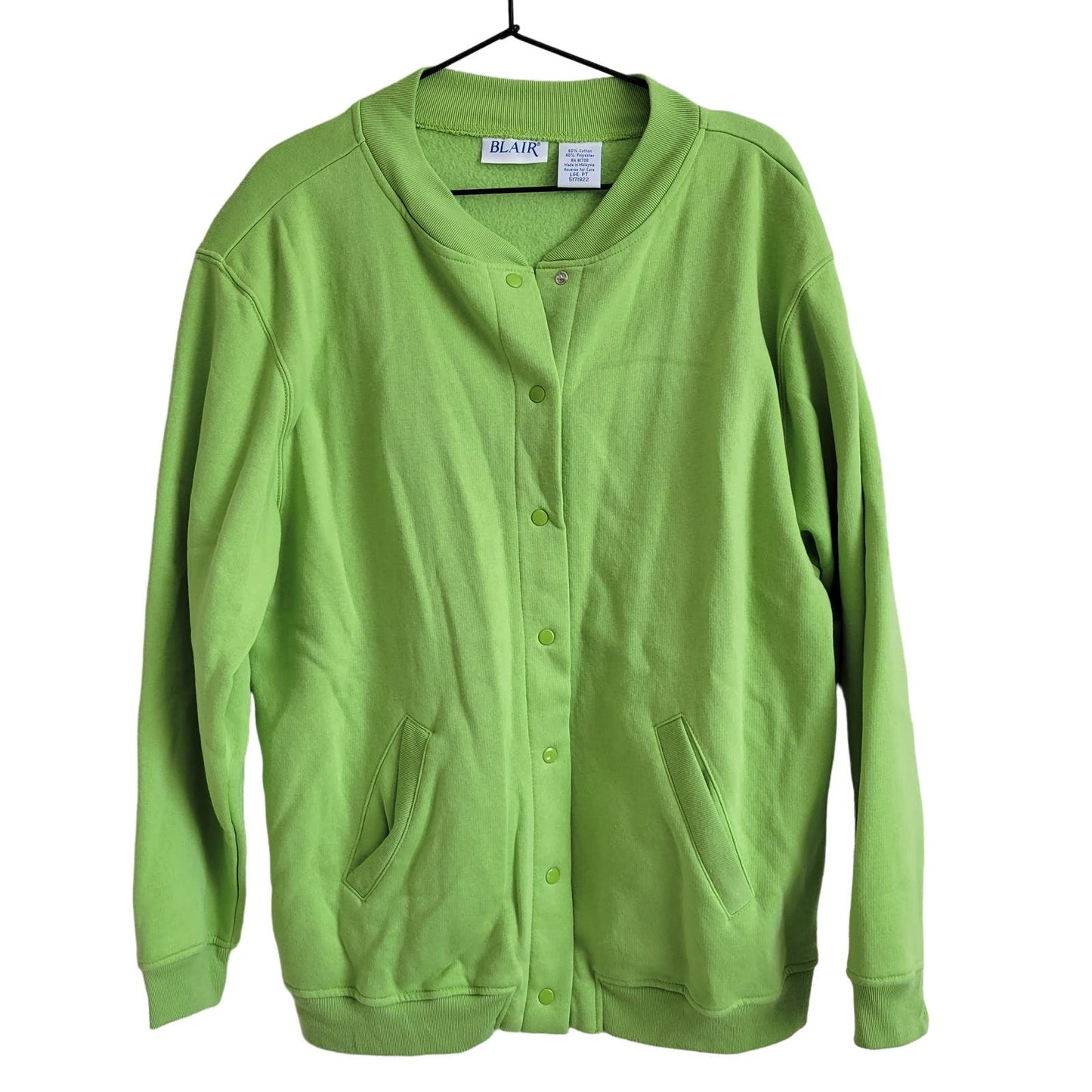 Blair Womens Sz L Snap Front Sweater Jacket Bright Lime Green Cotton Blend